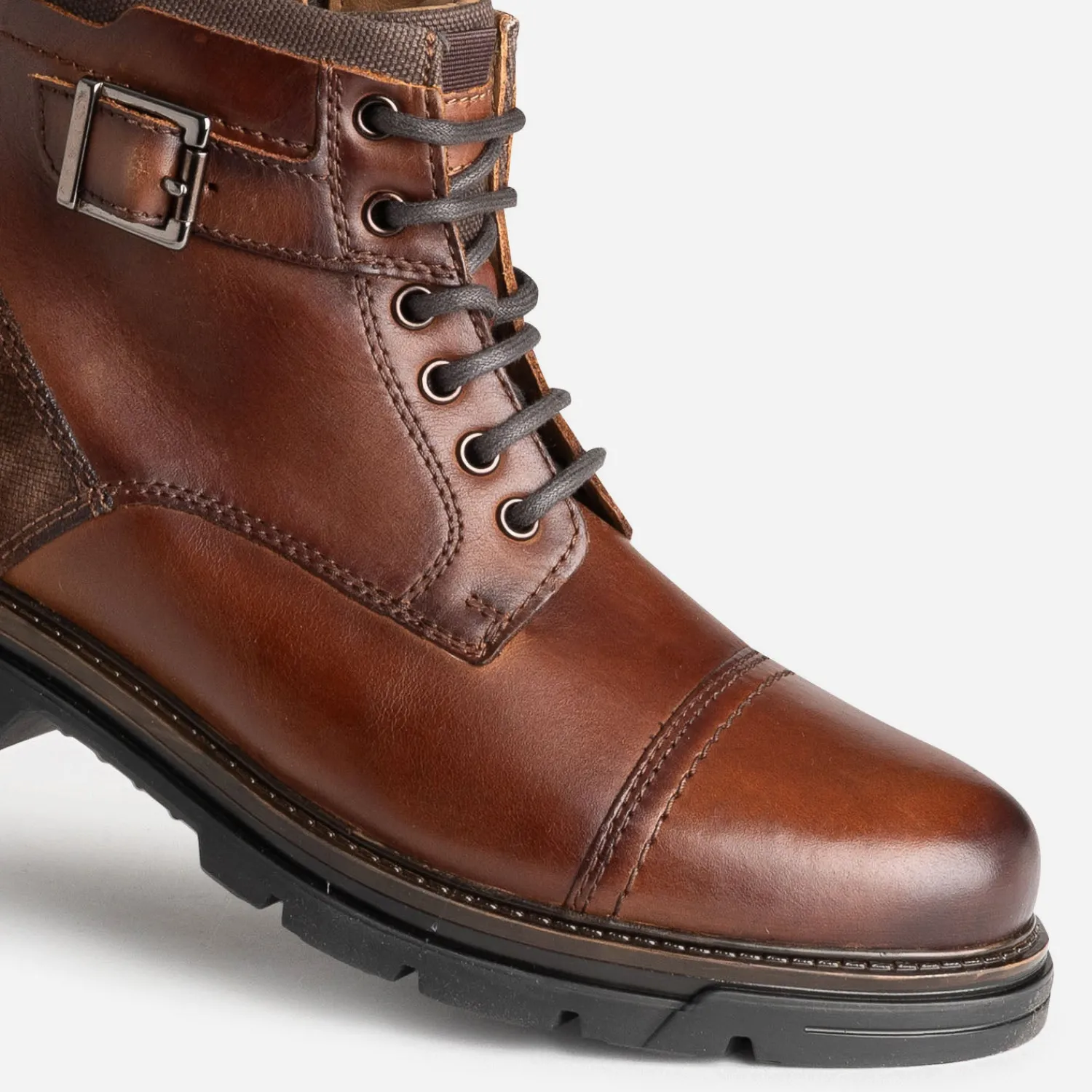 Eram Boots^Boots à lacet marron cuir décor bride COGNAC