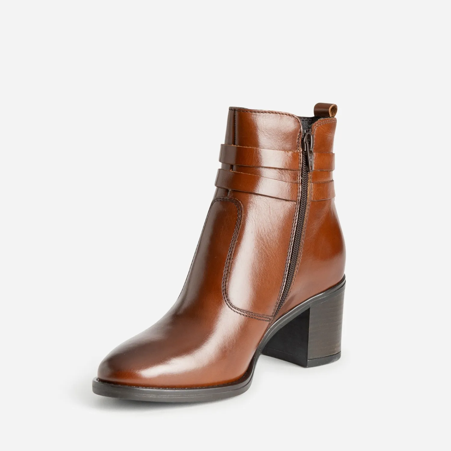 Eram Boots^Boots à talon en cuir avec double bride COGNAC
