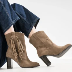 Texto Boots^Boots cuir velours à franges TAUPE