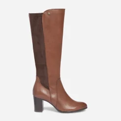 Caprice Bottes^Botte à talon en cuir et textile COGNAC