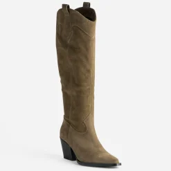 Texto Bottes^Botte santiag beige cuir velours TAUPE