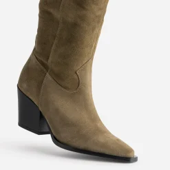 Texto Bottes^Botte santiag beige cuir velours TAUPE