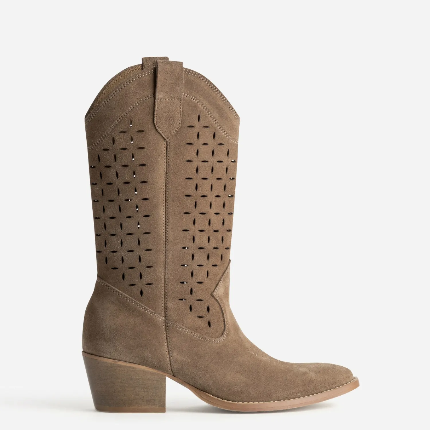 Texto Bottes^Botte santiag cuir velours ajouré TAUPE