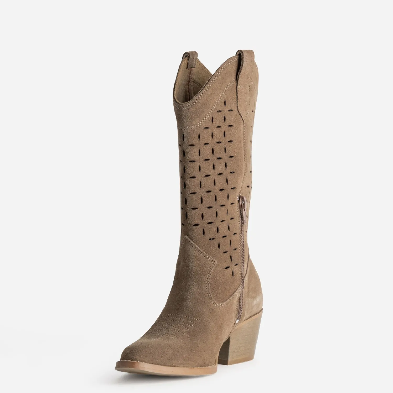 Texto Bottes^Botte santiag cuir velours ajouré TAUPE