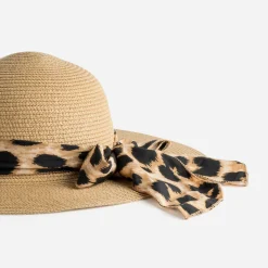 Eram Chapeaux, Bonnets & Casquettes^Capeline beige paille papier foulard motif léopard BEIGE FONCE