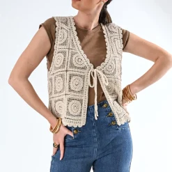 Texto T-Shirts^Cardigan sans manches crochet BEIGE