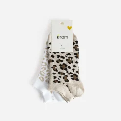 Eram Chaussettes & Collants^Chaussettes courtes blanches et bleus à motif fleurs MARRON