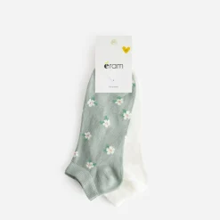Eram Chaussettes & Collants^Chaussettes courtes écrues et vertes motif fleurs BLEU