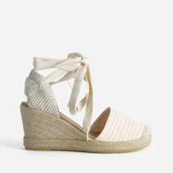 Eram Sandales^Espadrille compensée écrue toile rayée corail ROUGE