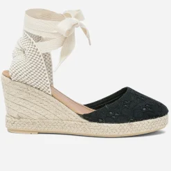 Eram Sandales^Espadrille compensée e en toile avec broderie anglaise NOIR