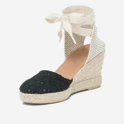 Eram Sandales^Espadrille compensée e en toile avec broderie anglaise NOIR