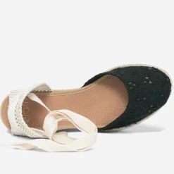 Eram Sandales^Espadrille compensée e en toile avec broderie anglaise NOIR