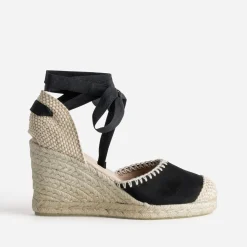 Eram Sandales^Espadrille compensée e cuir velours brodé NOIR