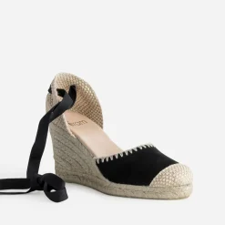 Eram Sandales^Espadrille compensée e cuir velours brodé NOIR