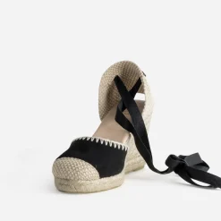 Eram Sandales^Espadrille compensée e cuir velours brodé NOIR