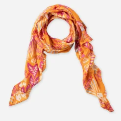 Texto Echarpes & Foulards^Foulard motif floral et rayures dorées ORANGE