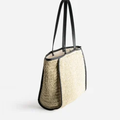 Texto Sacs Cabas^Maxi cabas paille papier et noir BEIGE