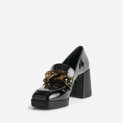 Eram Escarpins^Mocassin à talon verni avec maxi chaîne NOIR