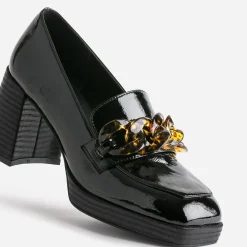 Eram Escarpins^Mocassin à talon verni avec maxi chaîne NOIR