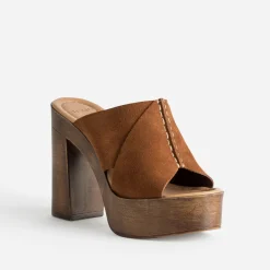Texto Mules/Tongs|Sandales^Mule à plateforme cuir velours COGNAC