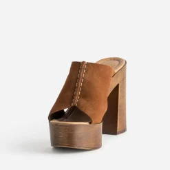 Texto Mules/Tongs|Sandales^Mule à plateforme cuir velours COGNAC