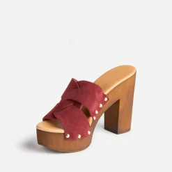 Texto Mules/Tongs|Sandales^Mule à talon bordeaux en cuir velours VIOLET
