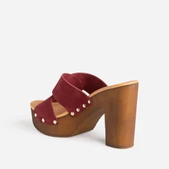 Texto Mules/Tongs|Sandales^Mule à talon bordeaux en cuir velours VIOLET