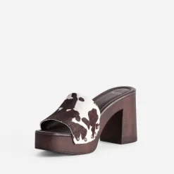 Texto Mules/Tongs|Sandales^Mule à talon motif vache MARRON