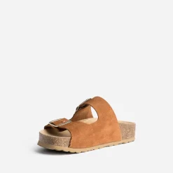 Eram Mules/Tongs|Sandales^Mule anatomique cuir velours à plateforme CAMEL