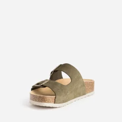 Eram Mules/Tongs|Sandales^Mule anatomique en cuir velours KAKI