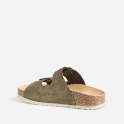 Eram Mules/Tongs|Sandales^Mule anatomique en cuir velours KAKI