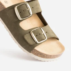 Eram Mules/Tongs|Sandales^Mule anatomique en cuir velours KAKI