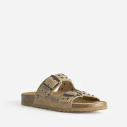 Texto Mules/Tongs|Sandales^Mule anatomique cuir velours clouté BEIGE