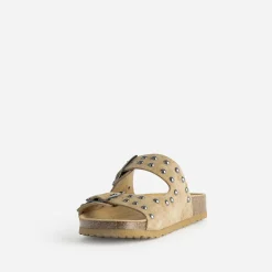 Texto Mules/Tongs|Sandales^Mule anatomique cuir velours clouté BEIGE