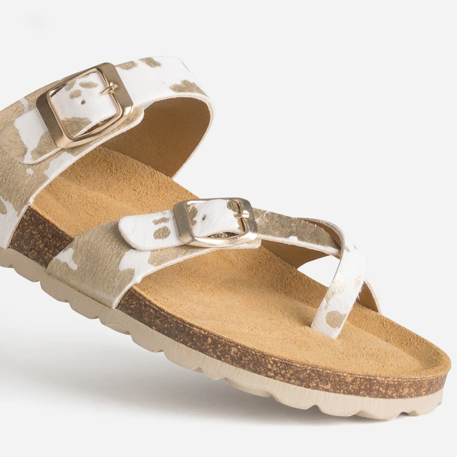 Eram Mules/Tongs|Sandales^Mule blanche cuir effet poulain motif vache IMPRIME