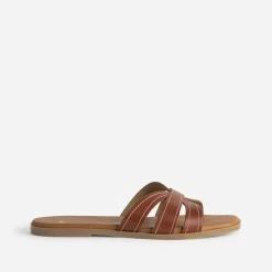 Eram Mules/Tongs|Sandales^Mule cognac cuir brides détails couture ROUGE