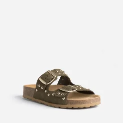 Eram Mules/Tongs|Sandales^Mule TEXTO anatomique en cuir velours éco-conçu à clous KAKI