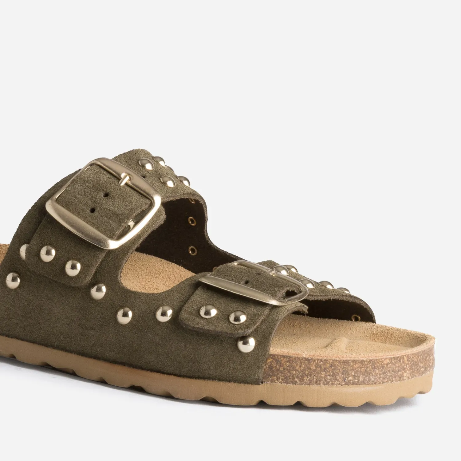 Eram Mules/Tongs|Sandales^Mule TEXTO anatomique en cuir velours éco-conçu à clous KAKI