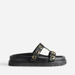 Texto Mules/Tongs|Sandales^Mule e cuir décor oeillets NOIR