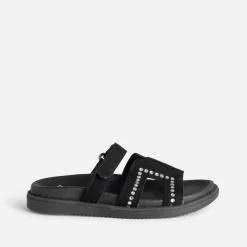 Texto Sandales|Mules/Tongs^Mule e cuir velours décor strass NOIR