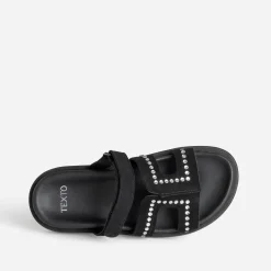 Texto Sandales|Mules/Tongs^Mule e cuir velours décor strass NOIR