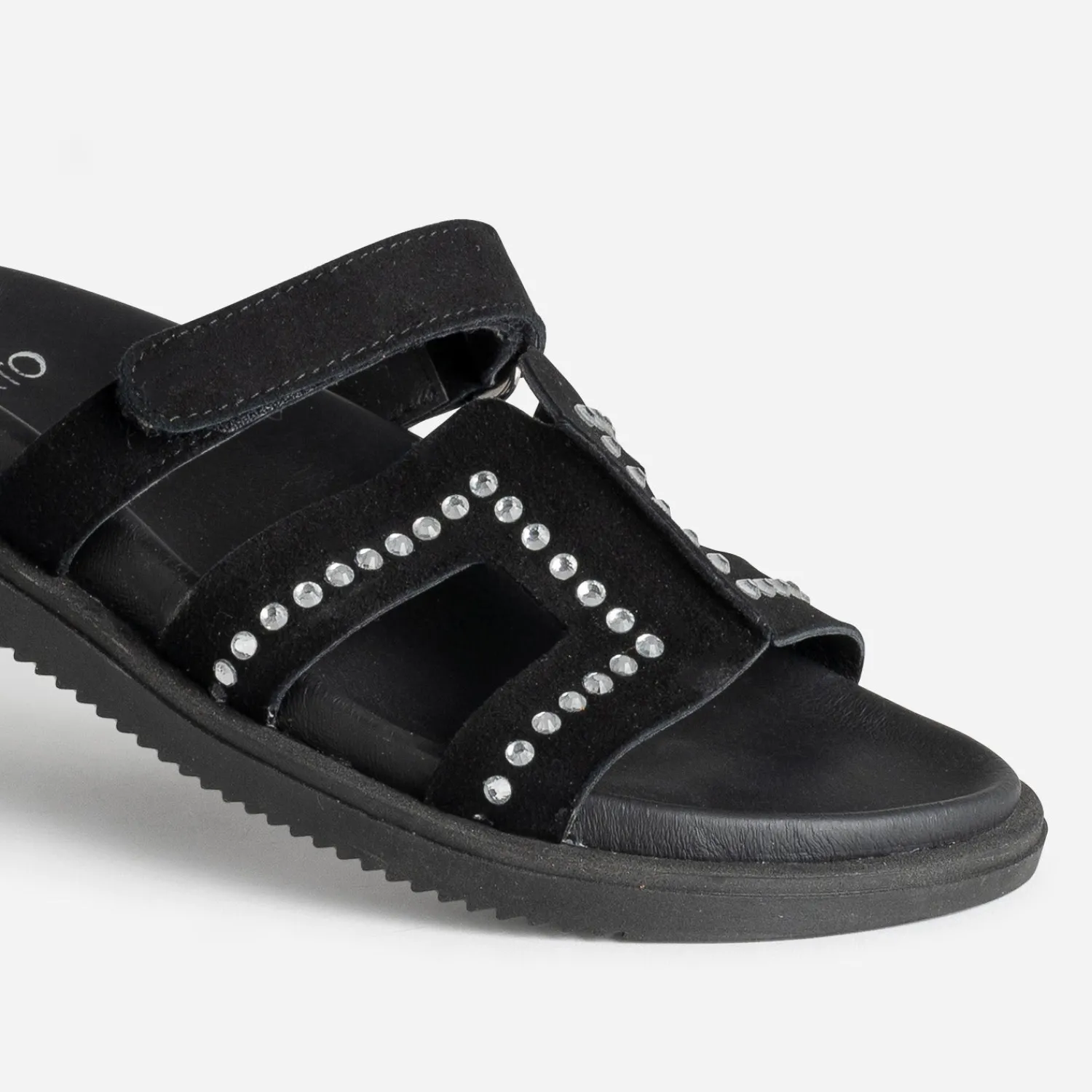 Texto Sandales|Mules/Tongs^Mule e cuir velours décor strass NOIR