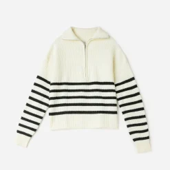 Texto Pulls^Pull marinière écru tricot à col camionneur BLANC
