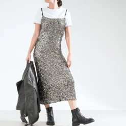 Texto Robes^Robe longue e sequins argentés NOIR