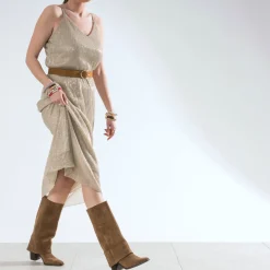 Texto Robes^Robe beige métallisé fines bretelles OR