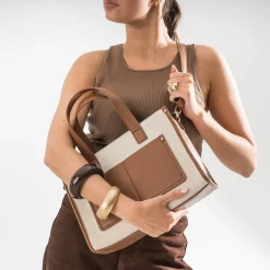 Eram Sacs À Main^Sac à main bi-matière cognac et BEIGE
