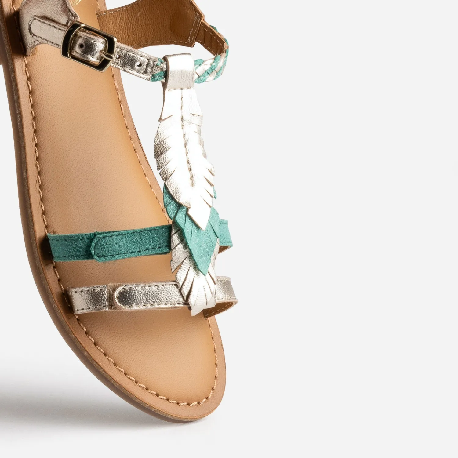 Buggy Sandales^Sandale cuir turquoise et dorée plumes BLEU