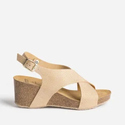Eram Sandales^Sandale compensée anatomique beige dé en cuir embossé OR