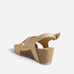 Eram Sandales^Sandale compensée anatomique beige dé en cuir embossé OR