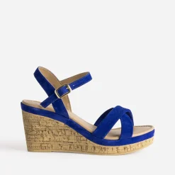 Eram Sandales^Sandale compensée roi cuir velours BLEU